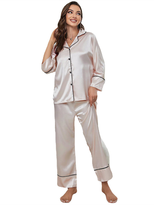 Color-Block Imitation Silk Pajama Set – Long Sleeve Loungewear for Women