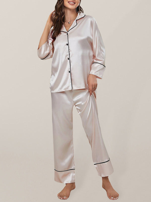 Color-Block Imitation Silk Pajama Set – Long Sleeve Loungewear for Women