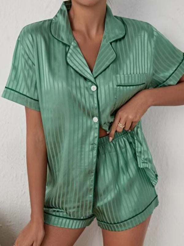 Striped Cropped Shirt & Shorts Pajama Set – Lightweight Spring-Summer Loungewear