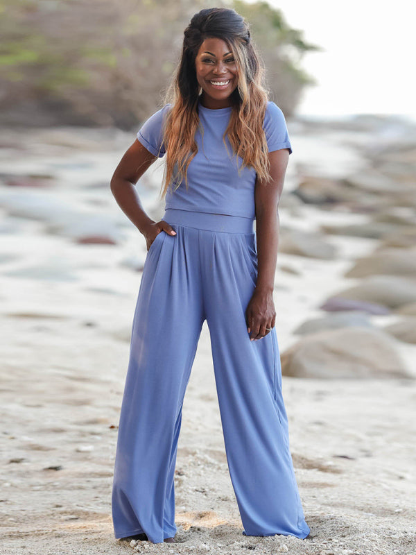 Solid Color Two-Piece Lounge Set – Short Sleeve Tee & Trousers