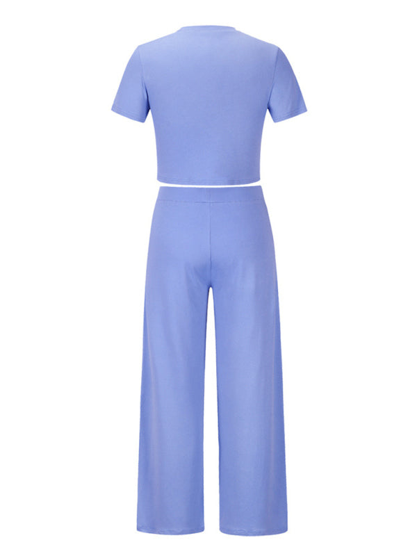 Solid Color Two-Piece Lounge Set – Short Sleeve Tee & Trousers