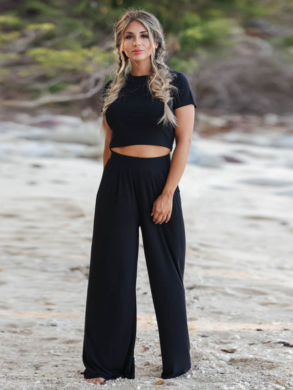 Solid Color Two-Piece Lounge Set – Short Sleeve Tee & Trousers