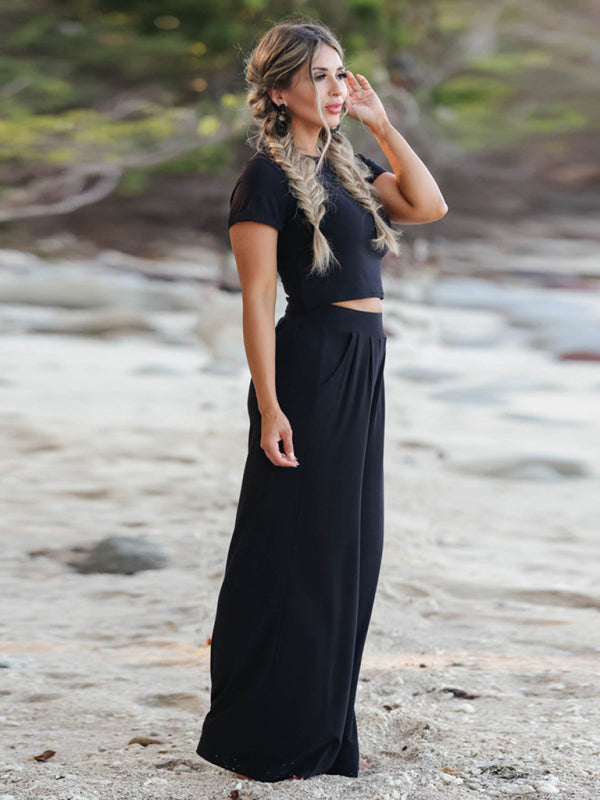 Solid Color Two-Piece Lounge Set – Short Sleeve Tee & Trousers