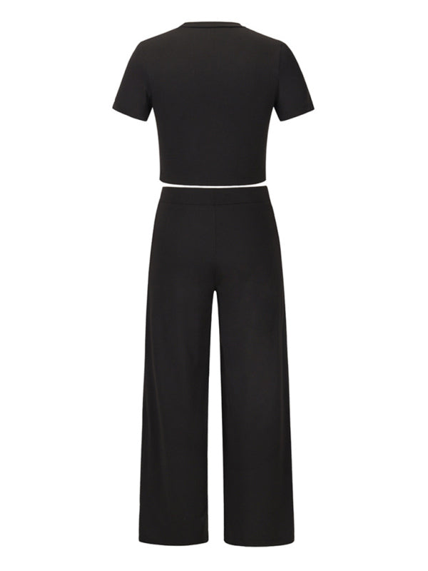 Solid Color Two-Piece Lounge Set – Short Sleeve Tee & Trousers