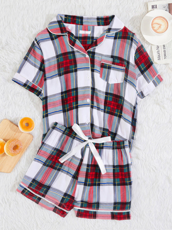 Sleeveless Cotton Plaid Knit Pajama Set with Welt Pocket – Spring-Summer Loungewear