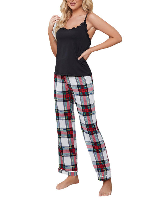 Knitted Plaid Lounge Set – Women's Sleeveless Homewear with Trousers