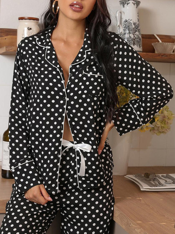 Polka Dot Long-Sleeve Lounge Set – Soft Knit Pajama Pants & Lapel Top