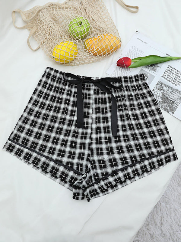 Plaid Knit Short Pajama Lounge Pants – Soft Rayon Blend, Black