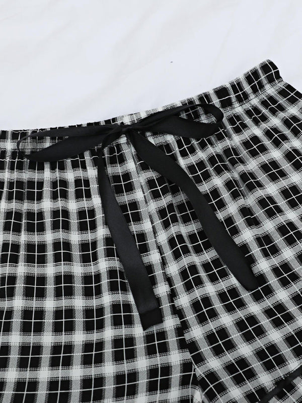 Plaid Knit Short Pajama Lounge Pants – Soft Rayon Blend, Black