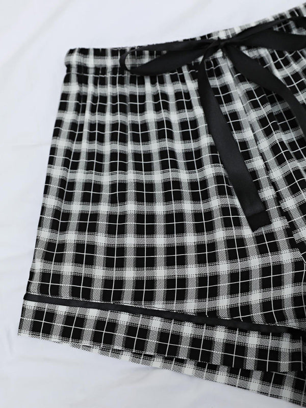 Plaid Knit Short Pajama Lounge Pants – Soft Rayon Blend, Black