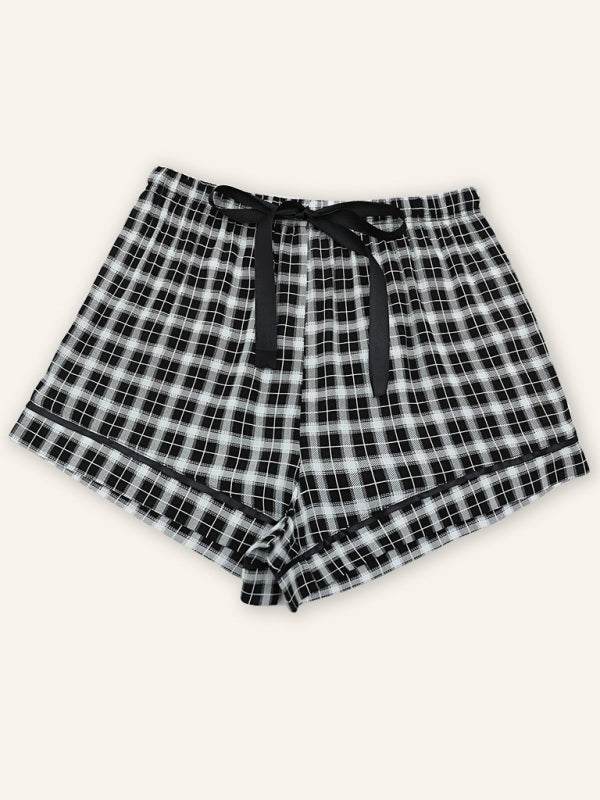 Plaid Knit Short Pajama Lounge Pants – Soft Rayon Blend, Black