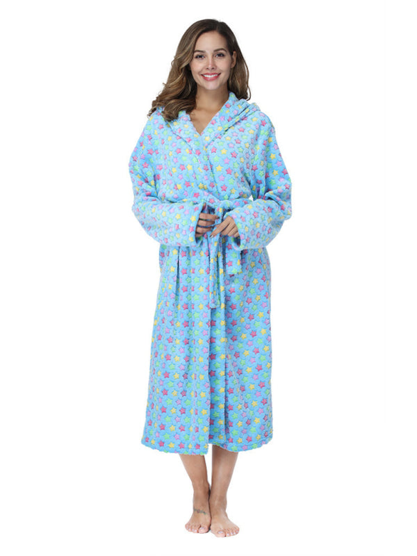 Printed Flannel Lapel Robe – Soft Lounge Bathrobe for Women
