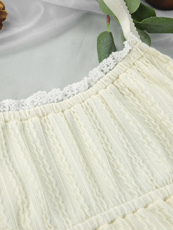 Lace Trim Cami & Shorts Pajama Set – Soft Knit Loungewear for All Seasons