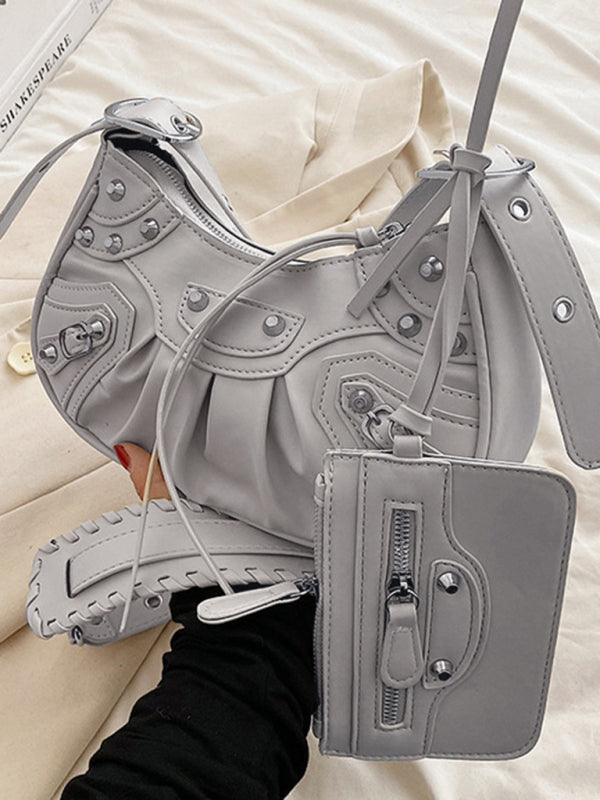 Rivet Pleated PU Shoulder Messenger Bag