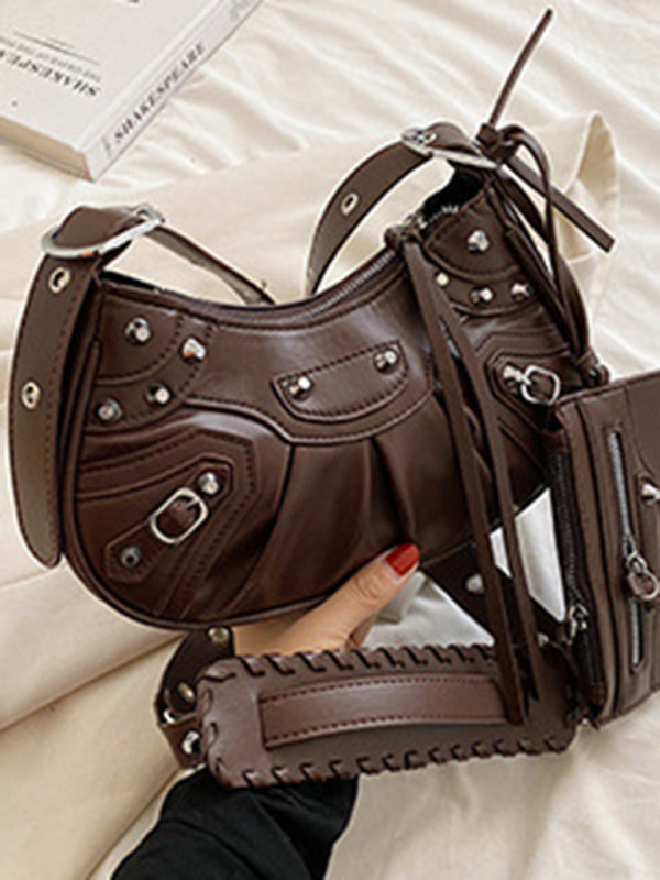 Rivet Pleated PU Shoulder Messenger Bag