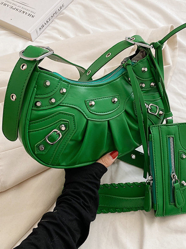Rivet Pleated PU Shoulder Messenger Bag