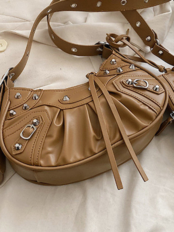 Rivet Pleated PU Shoulder Messenger Bag