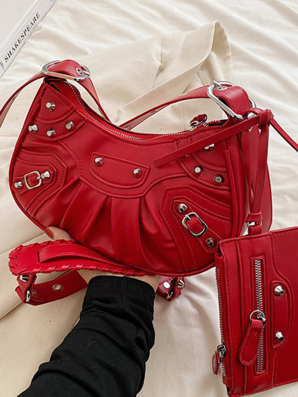 Rivet Pleated PU Shoulder Messenger Bag