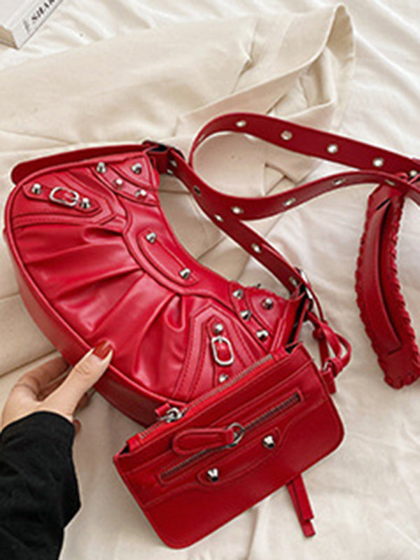 Rivet Pleated PU Shoulder Messenger Bag