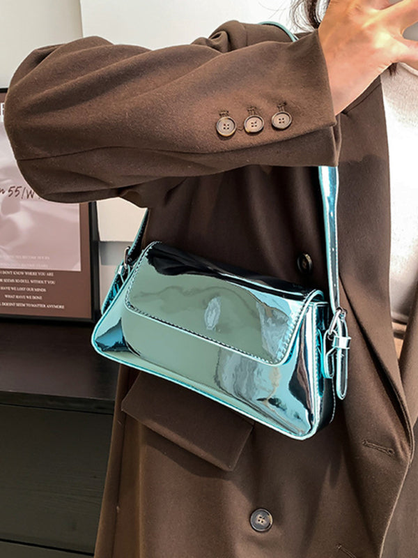 Glossy Patent Leather Baguette Shoulder Bag