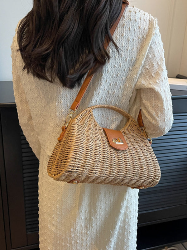 Mori Style Straw Colorblock Tote Bag