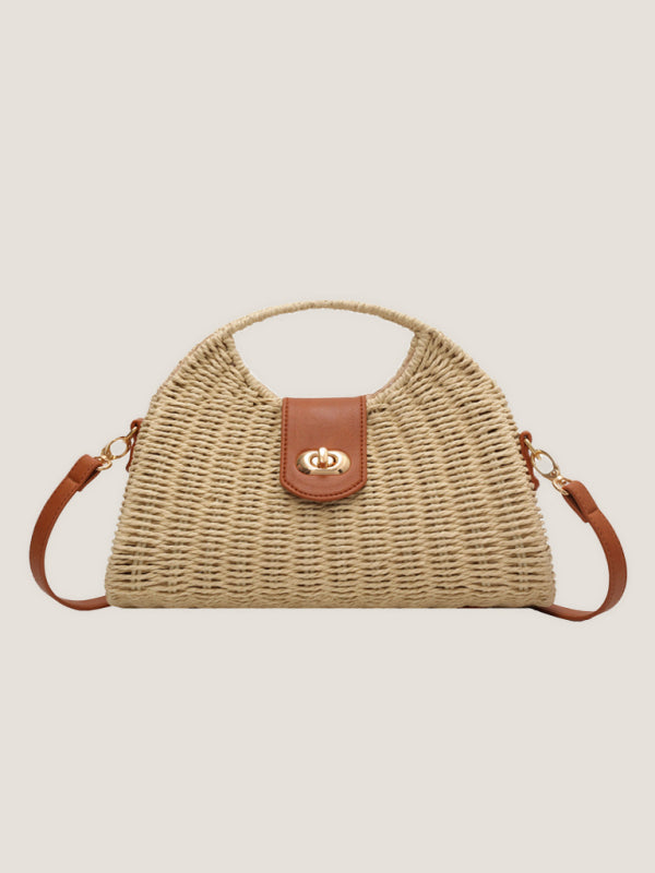 Mori Style Straw Colorblock Tote Bag