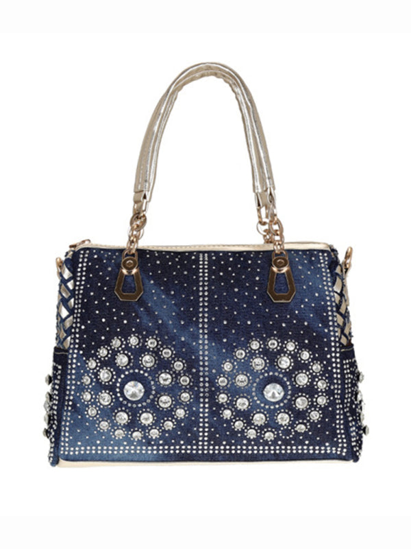 Denim Canvas Diamond Crossbody Tote Bag