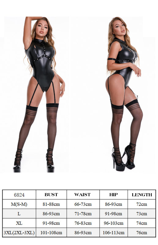 Black Zip-Up Patent Leather Bodysuit – Turtleneck Sleeveless Lingerie