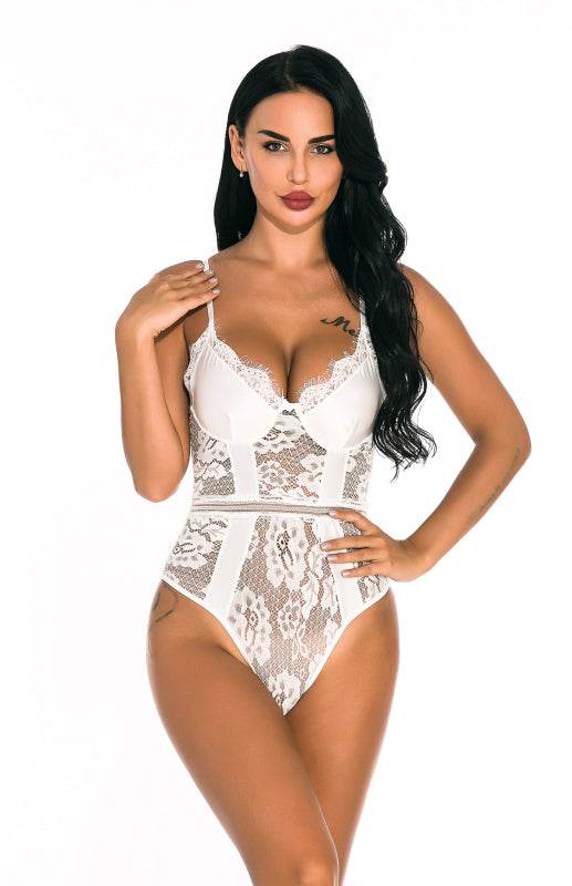 Lace Spandex Sheer Teddy Bodysuit – Sling Neckline, High Stretch Lingerie