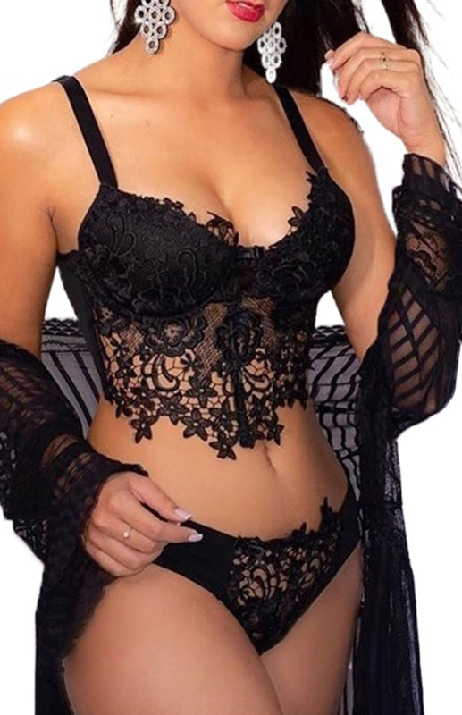 Lace Crochet Spaghetti Strap Bra & Thong Lingerie Set – Sexy & Elegant