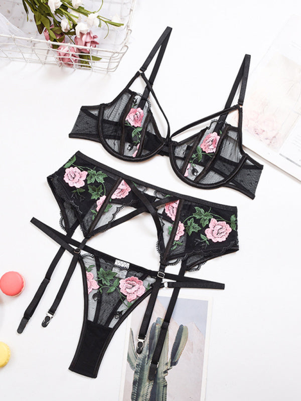 Embroidered Lace Mesh Lingerie 3-Piece Set – Floral, Sheer & Elegant