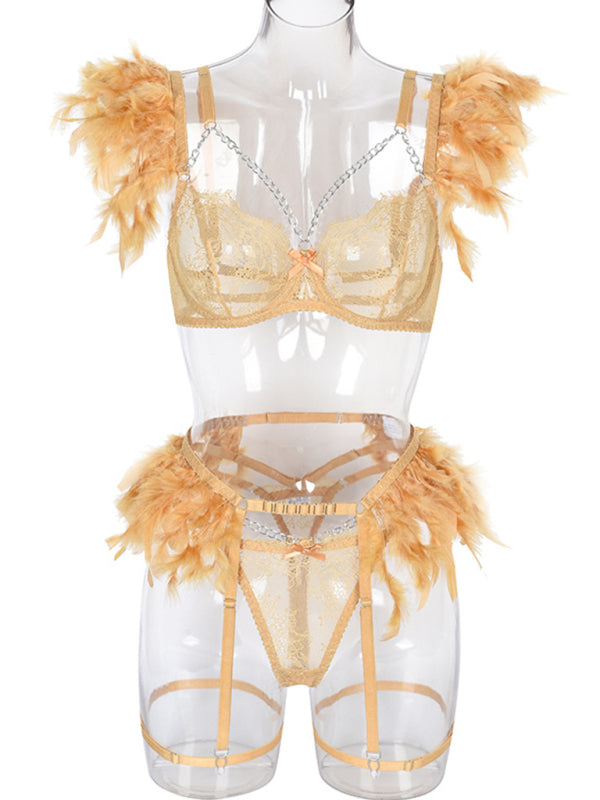 Lace Feather Four-Piece Lingerie Set – Sleeveless, Elegant, Sexy Fit