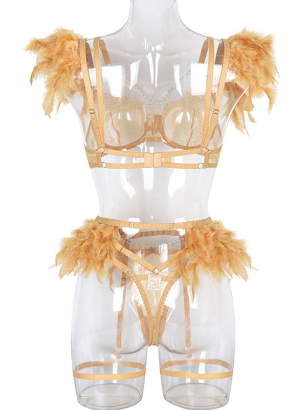Lace Feather Four-Piece Lingerie Set – Sleeveless, Elegant, Sexy Fit