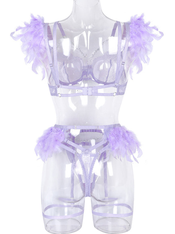 Lace Feather Four-Piece Lingerie Set – Sleeveless, Elegant, Sexy Fit