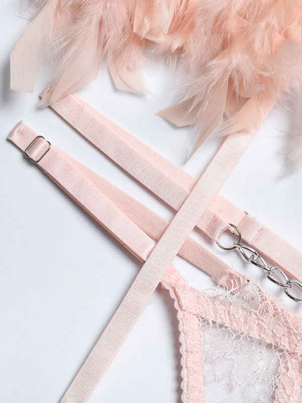 Lace Feather Four-Piece Lingerie Set – Sleeveless, Elegant, Sexy Fit