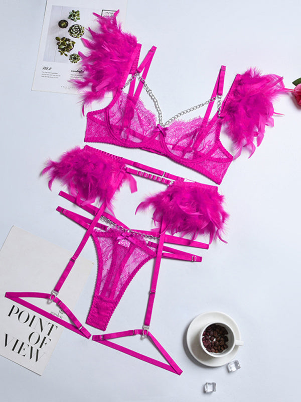 Lace Feather Four-Piece Lingerie Set – Sleeveless, Elegant, Sexy Fit