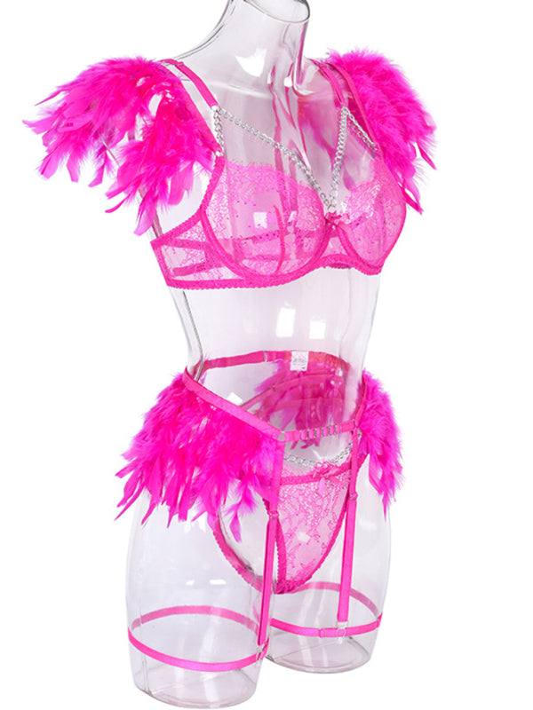 Lace Feather Four-Piece Lingerie Set – Sleeveless, Elegant, Sexy Fit