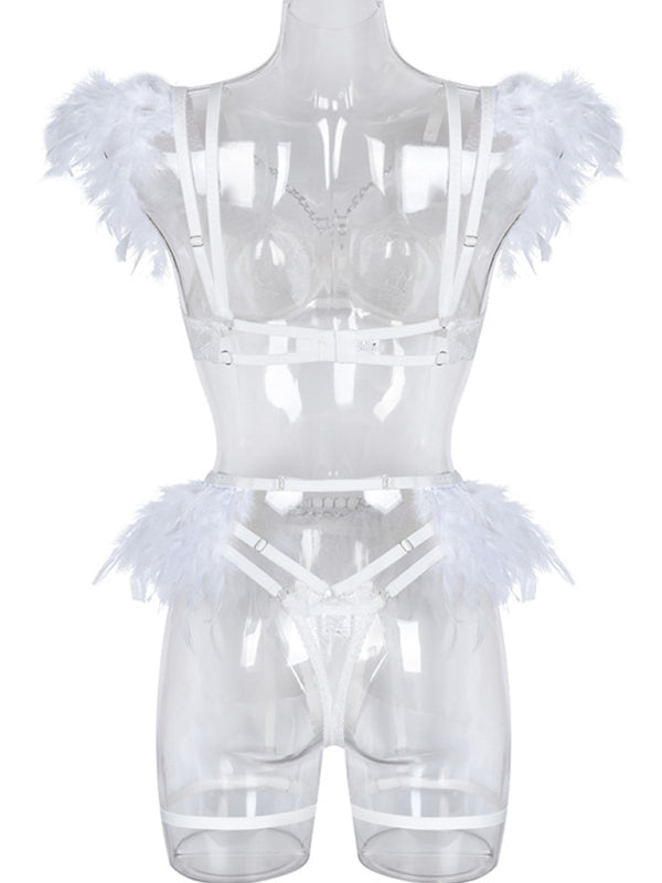 Lace Feather Four-Piece Lingerie Set – Sleeveless, Elegant, Sexy Fit