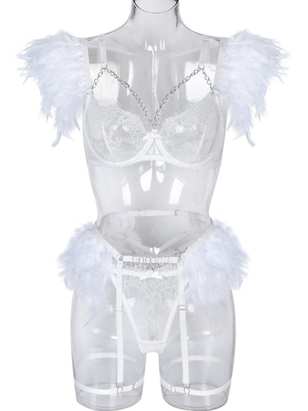 Lace Feather Four-Piece Lingerie Set – Sleeveless, Elegant, Sexy Fit