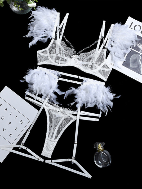 Lace Feather Four-Piece Lingerie Set – Sleeveless, Elegant, Sexy Fit