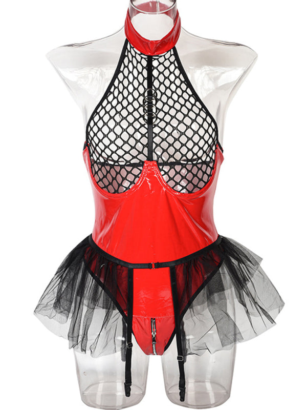 PU Leather Grid-Spliced Halter Neck Bodysuit – Sexy Sleeveless Lingerie