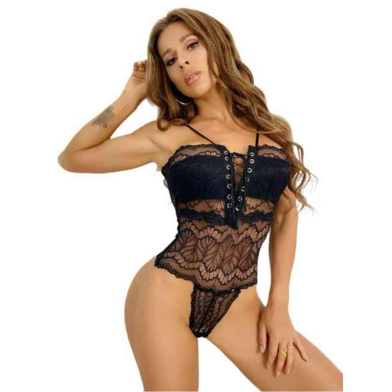 レースシアーメッシュVネックストラップテディ – スプライススリングランジェリーボディスーツ