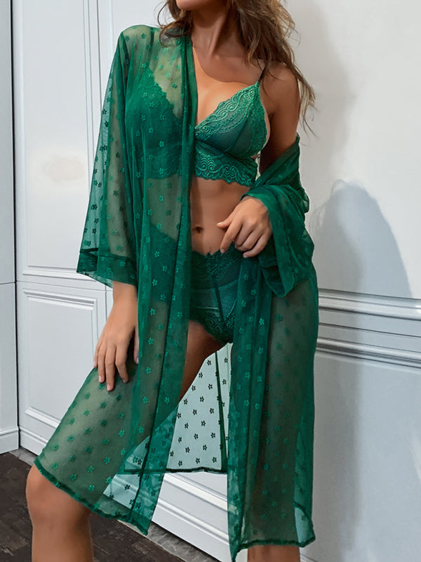 Sexy Mesh Lace Four-Piece Lingerie Set – Sheer Long Robe, Bra, Panty & Shorts