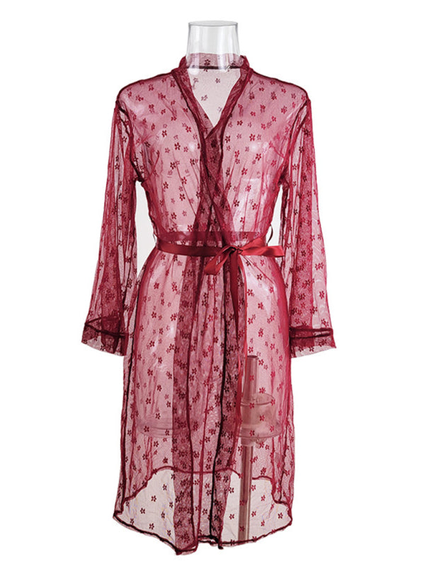 Sexy Mesh Lace Four-Piece Lingerie Set – Sheer Long Robe, Bra, Panty & Shorts