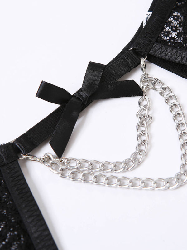 Lace Mesh High-Waisted Lingerie Set – Sleeveless See-Through Set with Metal Chain