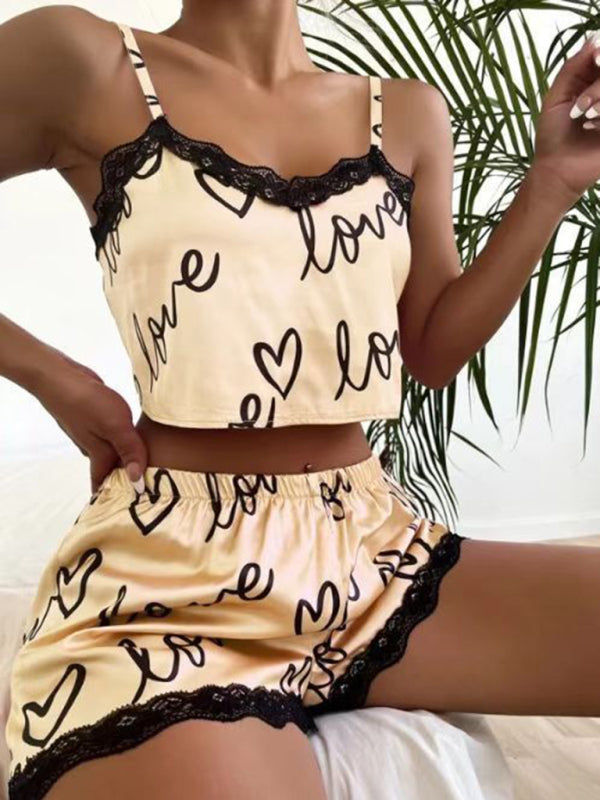Love Heart Print Lace Pajama Set – Sleeveless V-Neck Top & Shorts
