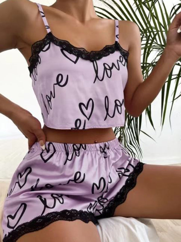 Love Heart Print Lace Pajama Set – Sleeveless V-Neck Top & Shorts - Smiling Maria - Everything For Women