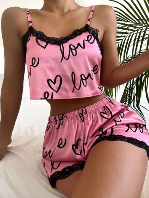 Love Heart Print Lace Pajama Set – Sleeveless V-Neck Top & Shorts