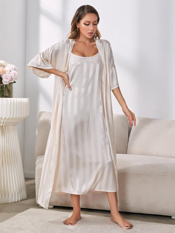 Striped Sleeveless Long Nightgown Pajama Set – V-Neck Loungewear