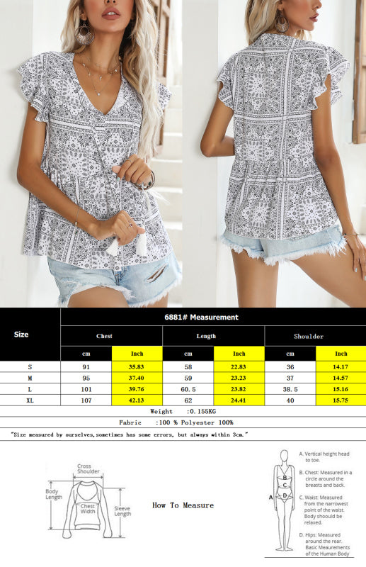 Boho Floral V-Neck Short Sleeve Blouse